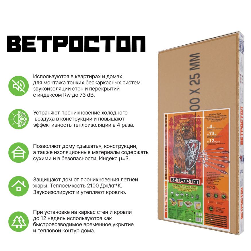 Ветрозащитная шумоизолирующая панель ВЕТРОСТОП 1200х581х25 мм (2,09 м²) купить в Ростове-на-Дону